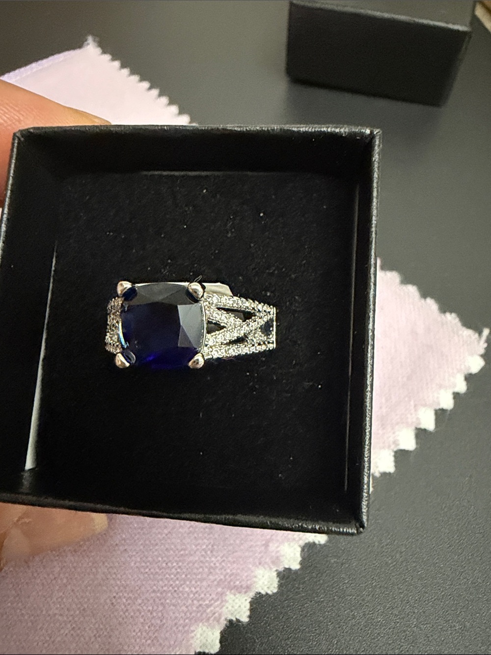 Women Silver Ring with Deep Blue Cushion Gemstone and Pave Accents Size 8